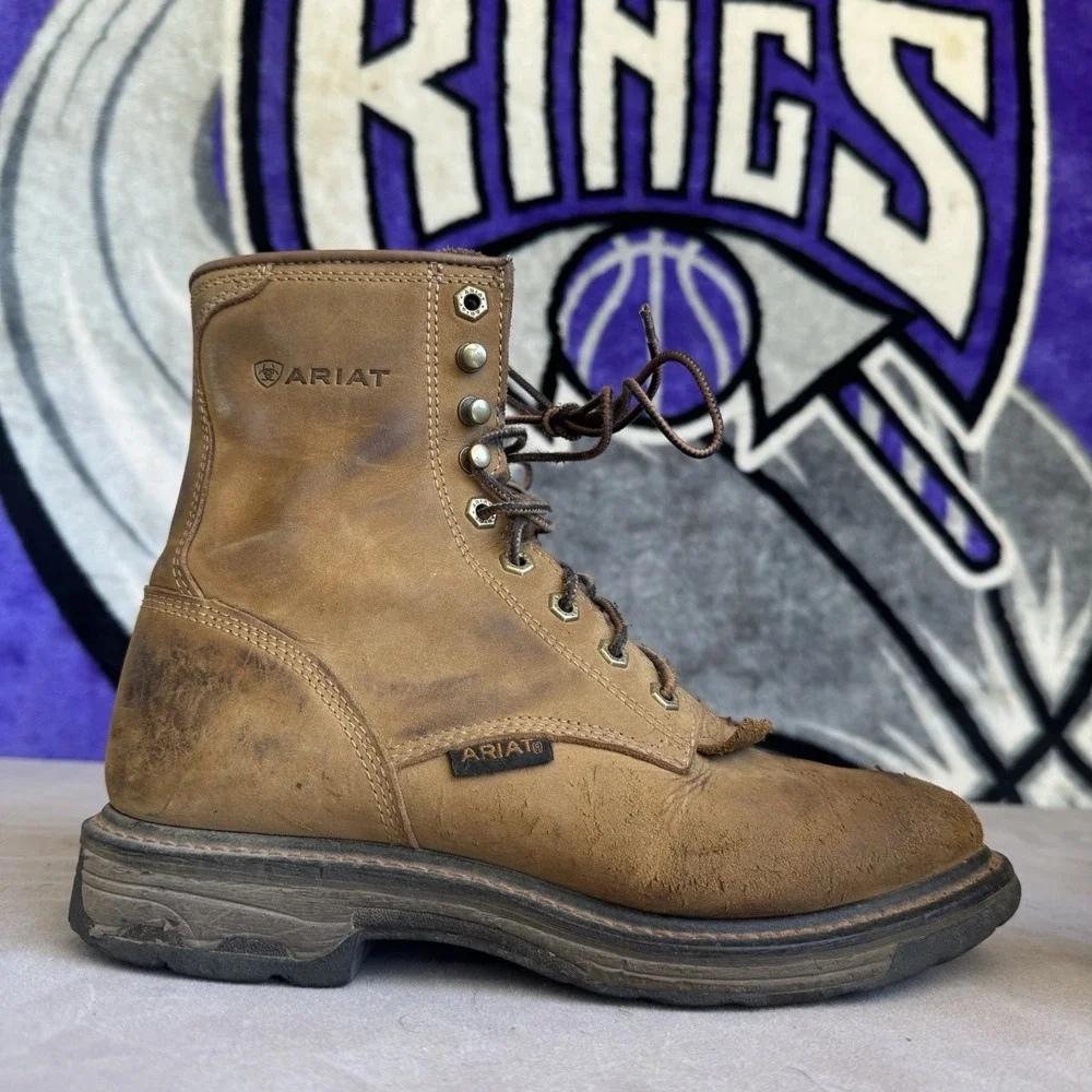 Size 9 - Ariat Men's Brown Leather Lace Up Work Boots Soft Toe 10016266
